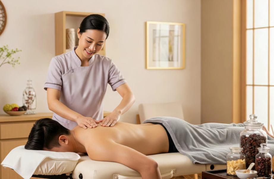 Gua Sha-style body treatment using a jade tool on a client's back.