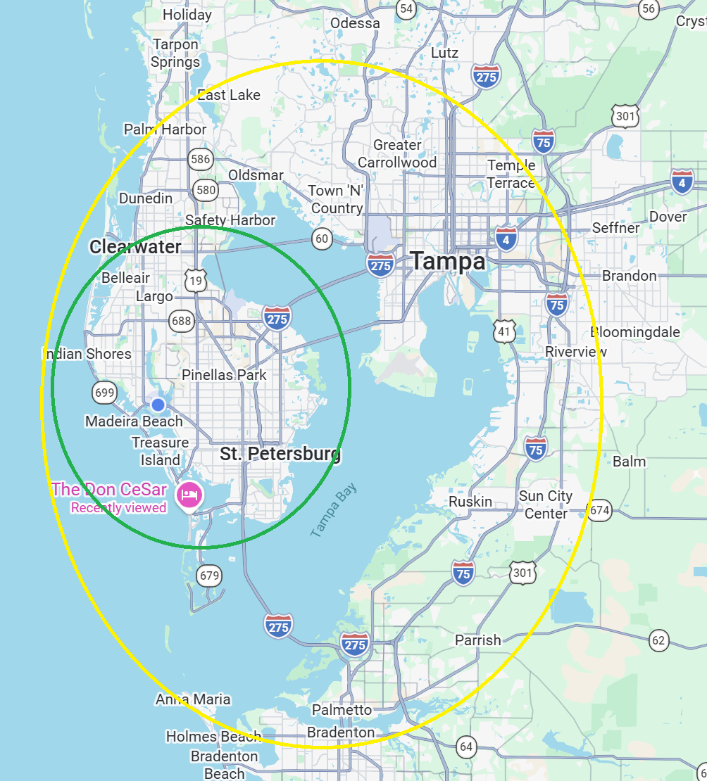 Saint Pete Mobile Massage service area map showing core and extended travel zones around St. Petersburg and Tampa Bay.